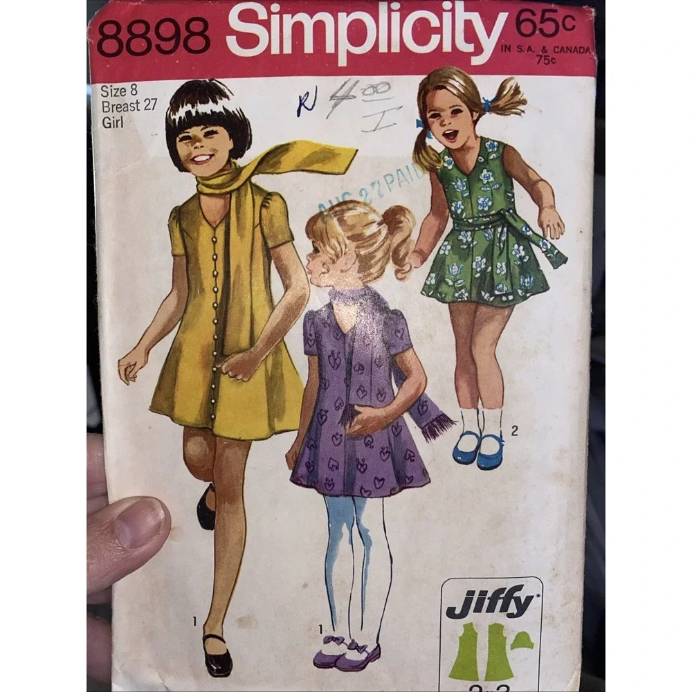 Vintage 1970 Simplicity 8898 Sewing Pattern Size 8 Girls Jiffy Dress Scarf Cut
